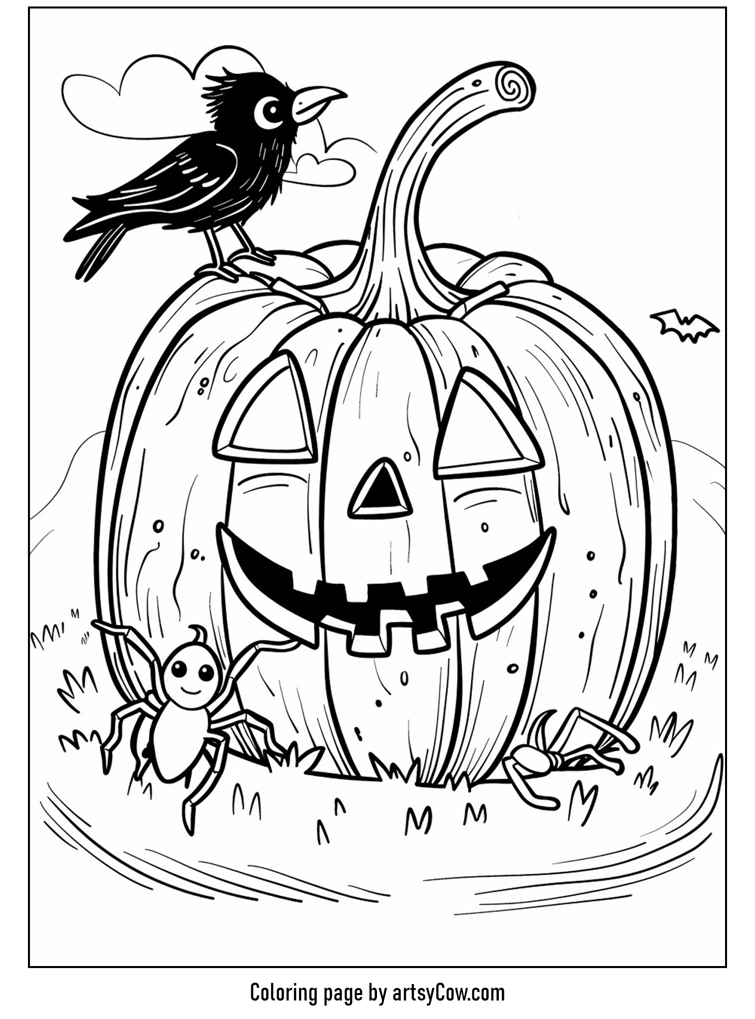 halloween pumpkin drawings for kids, featuring a large pumpkin with a crow sitting on top and a spider in the foreground